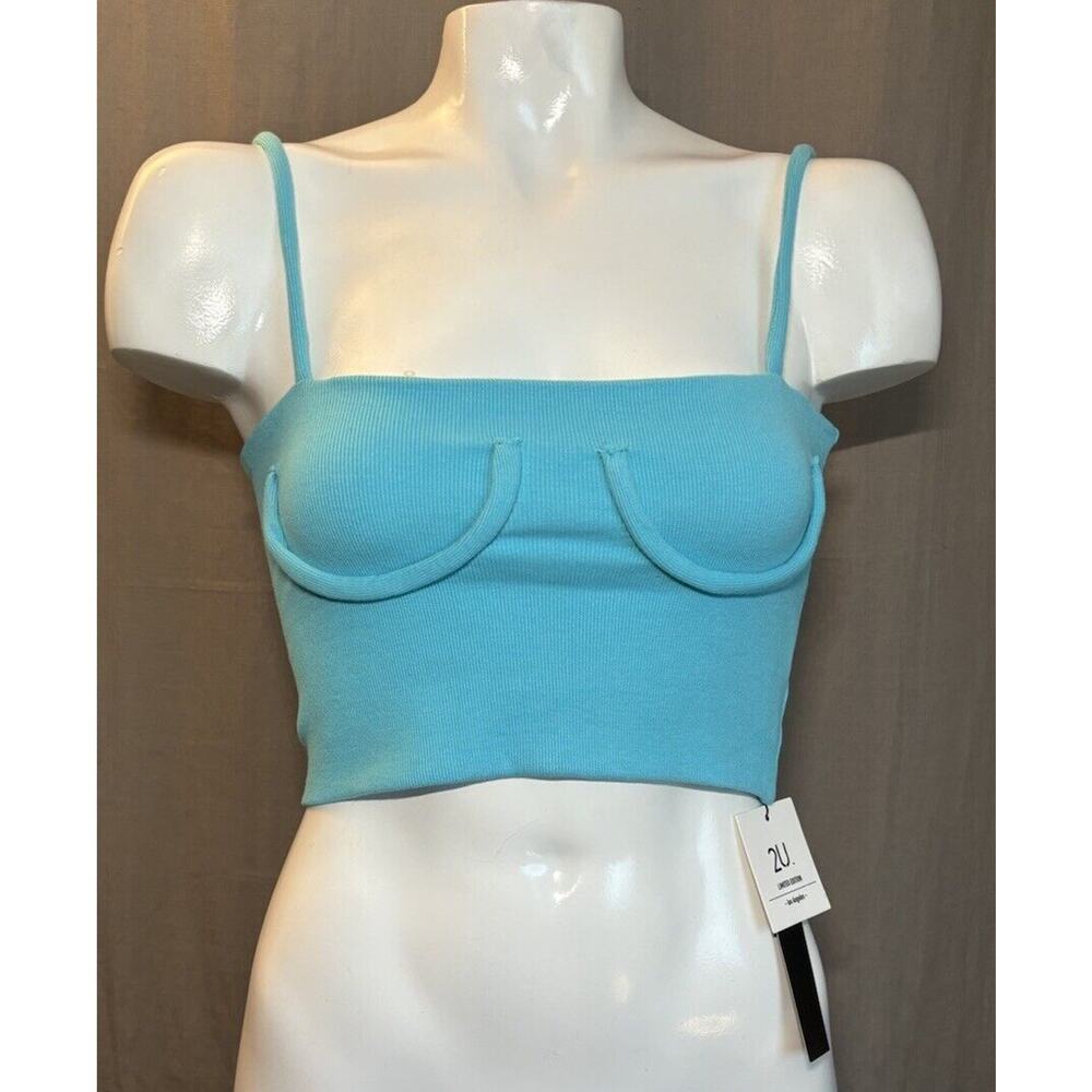 Iris NWT Square Neck Ribbed Knit Stretch Tube Sexy Crop Tank Top Blue Small